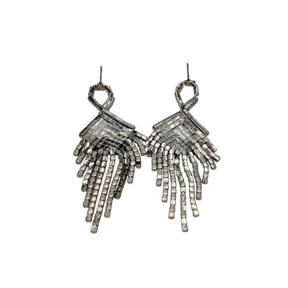 Rhinestone Fringe Dangle Round & Baguette Pierced Earrings - Picture 4 of 6